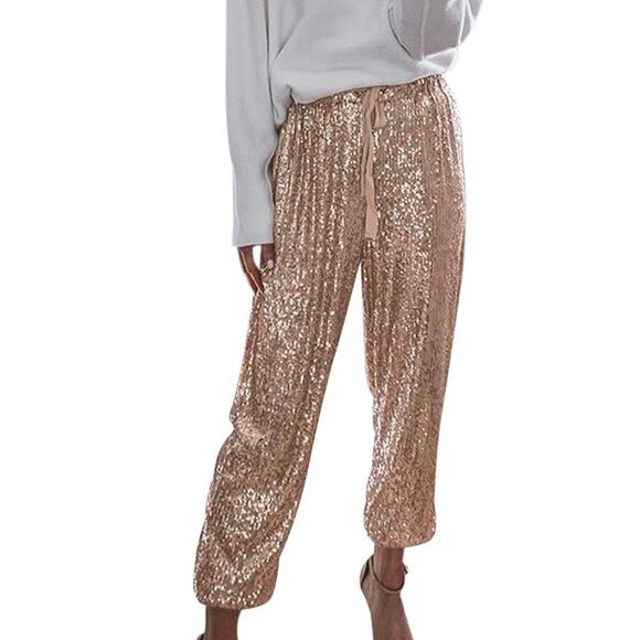 NWOT ALLUMK Glitter Sequin High Waist Drawstring  Dress Pants Rose Gold Large - Picture 1 of 8